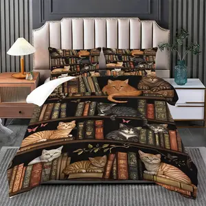 2/3 Pcs Bookcase Cat Collection Bedding Quilt Set, Includes Soft Warm Quilt & 1/2 Pillowcases (no filler), Soft Cotton Skin-friendly All-season, Fits Literary Bookstore Rest Area/Retro Study/Family Bedroom/Student Dorm/Book Cat Space Elegant Quilt Set