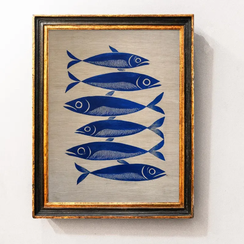 Blue Ink Sardine Striped Painting Wall Art Print, Stripes Trendy Aesthetic Kitchen Art, Sardine Kitchen Art, Antique Fish Art Printable, Unframe