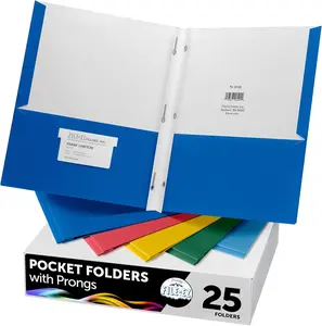 FILE-EZ Two-Pocket Folders with 3-Prong Fasteners, Assorted Colors, 25-Pack, Durable Textured Paper, Matte Finish, Letter Sheet Size (EZ-92500)