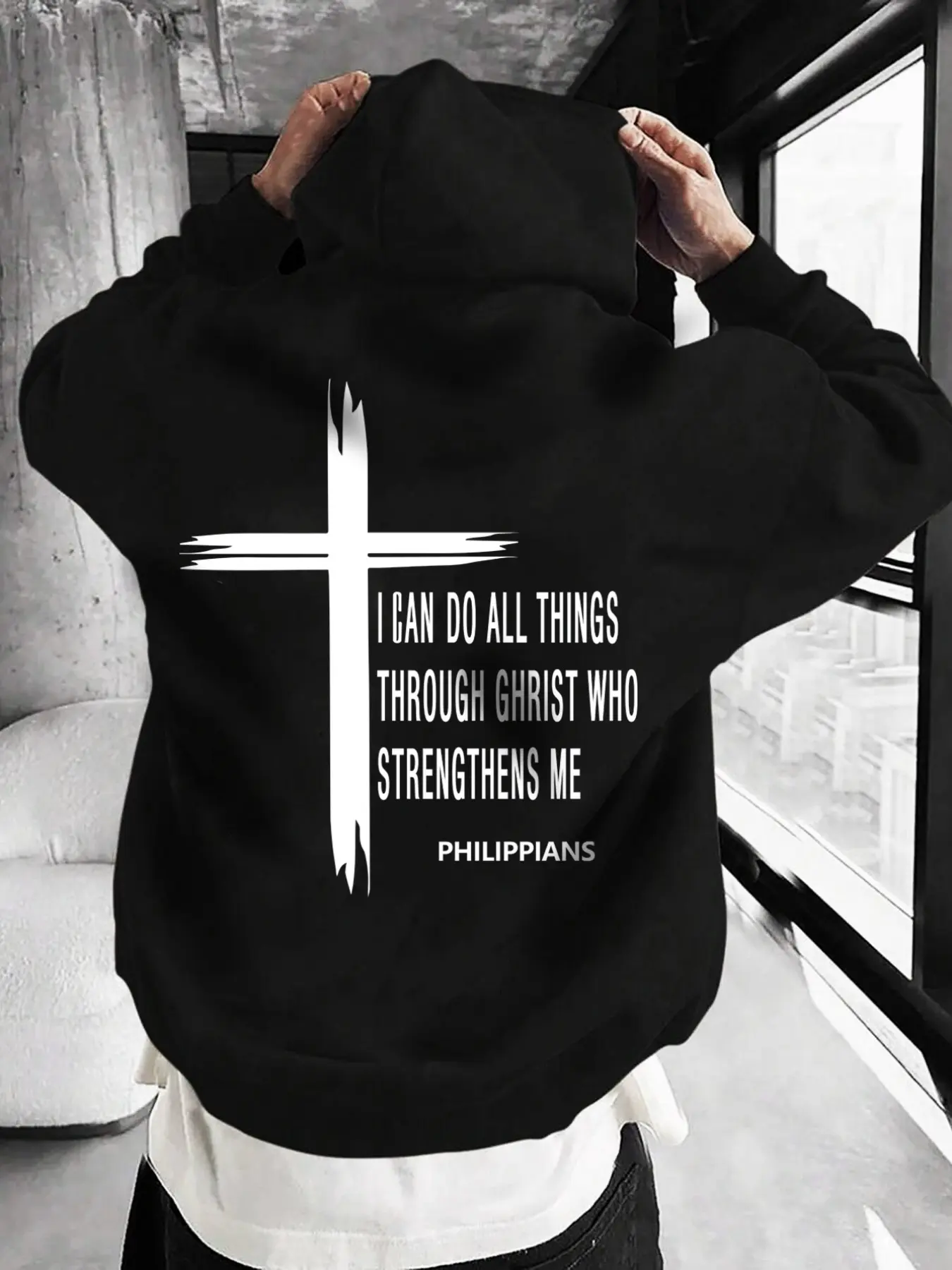 I Can Do All Things Through Christ Who Strengthens Me Prints Men's Hoodie, Casual Long Sleeve Fleece Hoodie, Autumn & Winter Hooded Sweatshirt For Men With Pockets