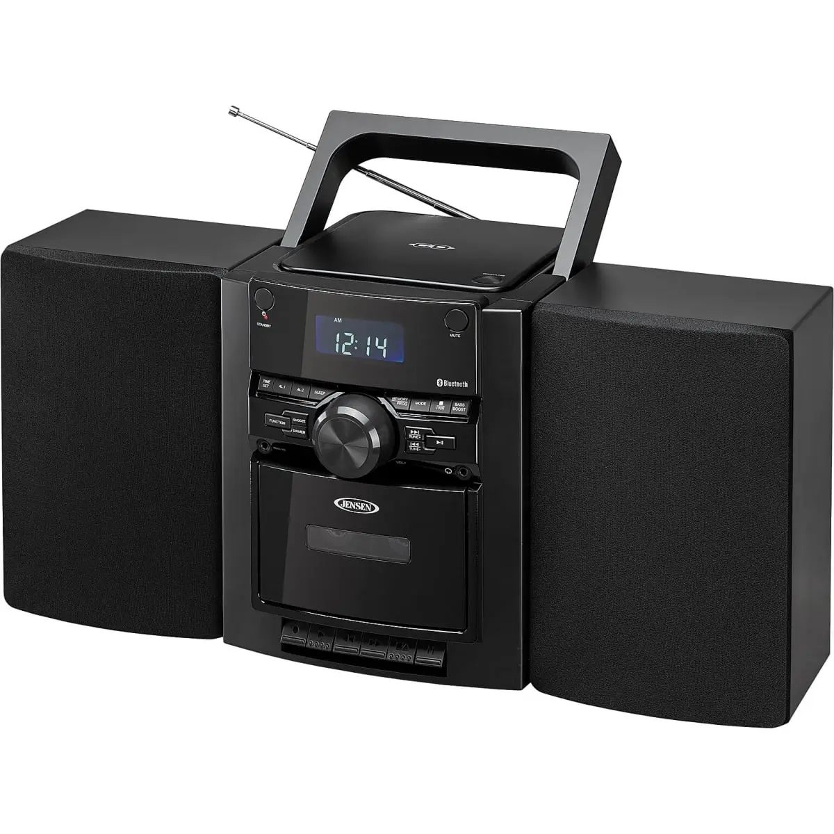 Portable Bluetooth CD Player - Cassette Player, MP3, Radio Functions, Memory Storage, Black Speaker, Remote Control, CR2025 Lithium Battery
