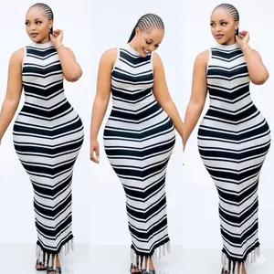 Women’s Casual Summer Striped Bodycon Midi Dress – Sleeveless Knit, Sexy Slim Fit with Long Tassel Hem Maxi Fabric