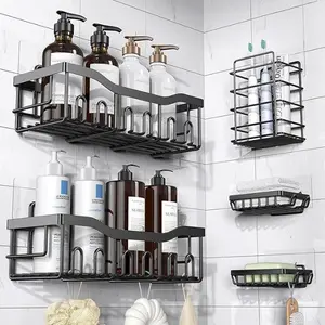 5 Pack Adhesive Shower Caddy, Rustproof Stainless Steel Bathroom Organizer Set, No Drill Wall Mounted Shower Shelves, Large Capacity Storage Rack