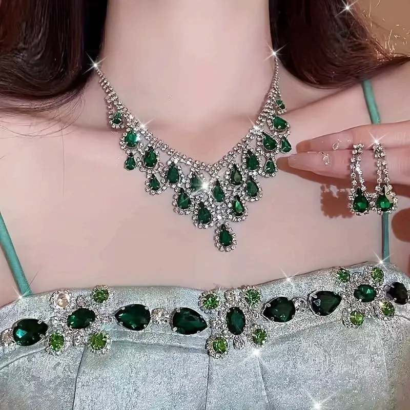 SocoVintage Green Women's Earrings and Necklace Set DDXL0040, High-End Water Drop Tassel Design Jewelry, Suitable for Prom Parties and Gifts, 14K Gold-Plated