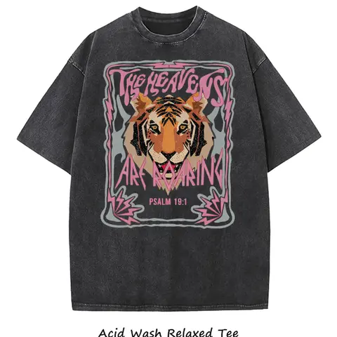 Holafish Women's Retro Acid Washed Cotton Graphic Tee Tiger Print Crew Neck Short Sleeve Loose Baggy Relaxed Fit Distressed Vintage Streetwear Fall Day Clothes