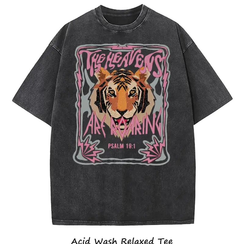 Holafish Women's Retro Acid Washed Cotton Graphic Tee Tiger Print Crew Neck Short Sleeve Loose Baggy Relaxed Fit Distressed Vintage Streetwear Fall Day Clothes
