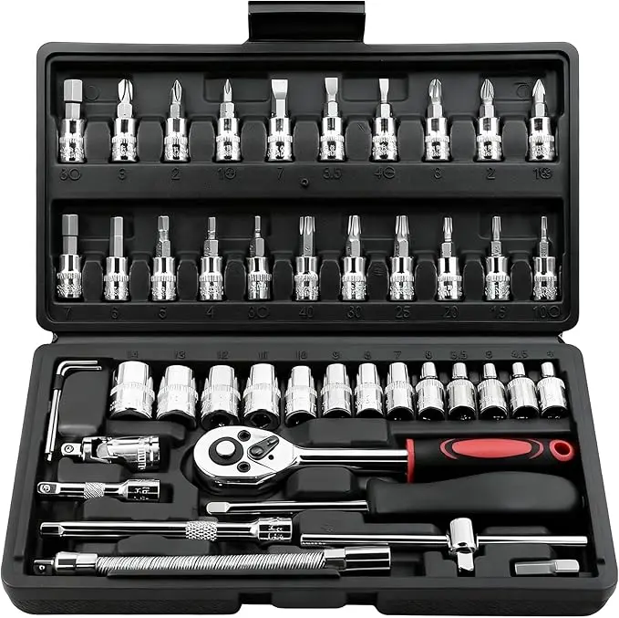46PCS 1/4-In Auto Repair Tools Ratchet Socket Wrench Set - Metric, Quick Release, Contoured Grip - Premium Small Kit for Automotive, Household Maintenance