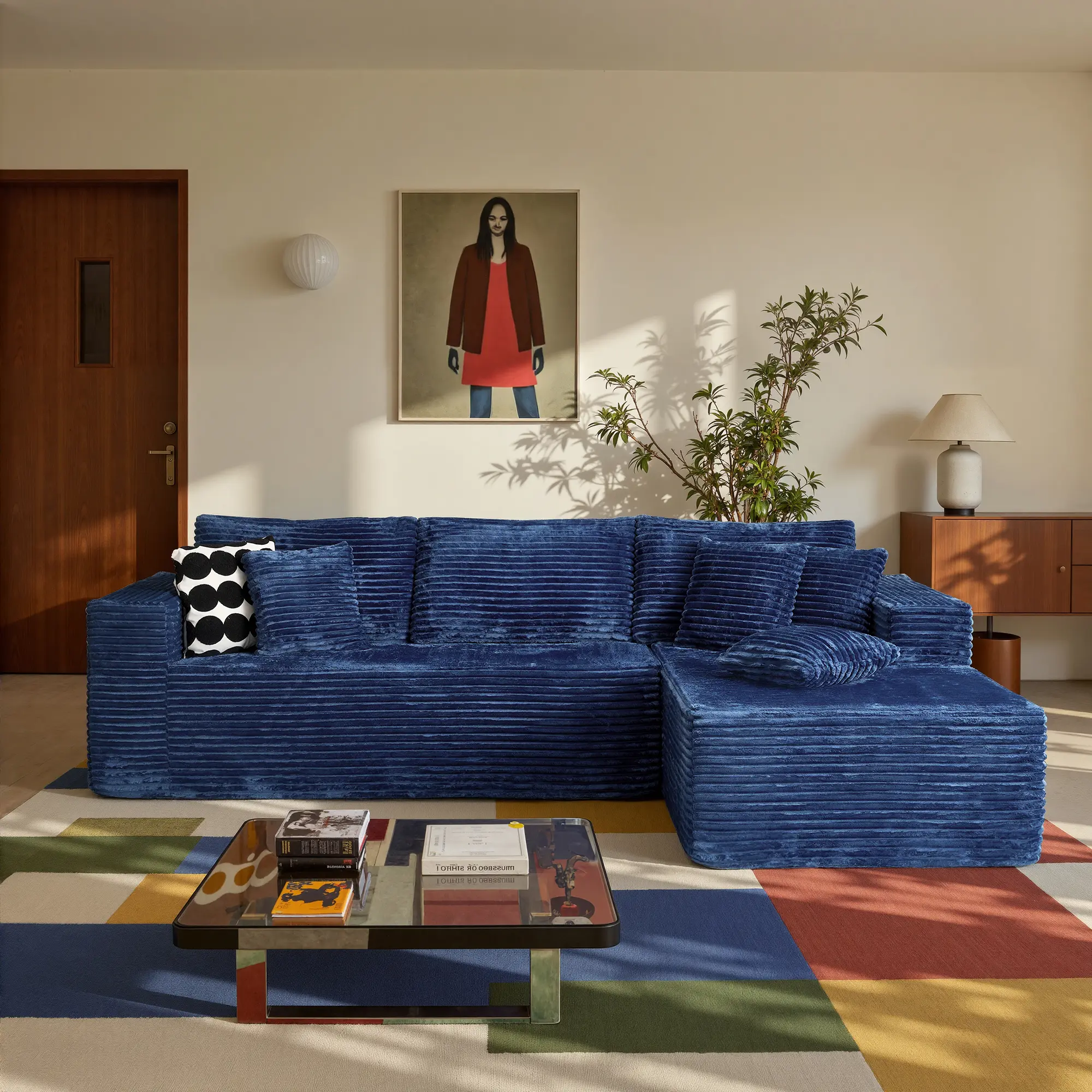 108" Blue L Shaped Sofa with Right Chaise