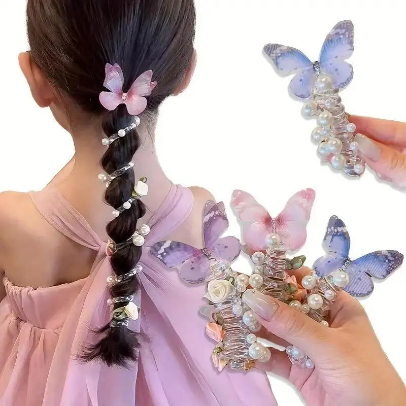 Girls' 3-Pack Lace Cute Butterflies Elastic Hair Accessory - Beaded Spiral Cord Bag Charm, Mix & Match, Lightweight One Size, Hair Styling Accessories, Whimsical Party Accents