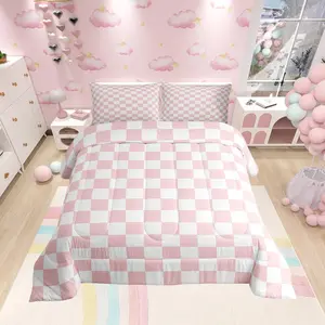 Pink White Grid Comforter Set,Reversible Geometric Plaid Square Bedding Set,Kids Girls Princess Room Decor,Soft Lattice Checkerd Down Comforter for All Season