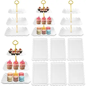 10 Pack Dessert Table Display Set - 4 x Three-Tier Square Cupcake Stands and 6 x Serving Trays, Elegant Tableware for Cakes, Cupcakes, Pastries, and Snacks, Perfect for Parties (White)