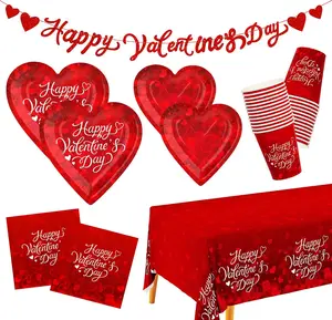 Valentine's Day Party Supplies for 25 Guests - Romantic Heart-Shaped Disposable Plates, Love-Themed Tablecloth, Napkins, Cups, and Banner - Valentines & Galentines Day Decorations Set