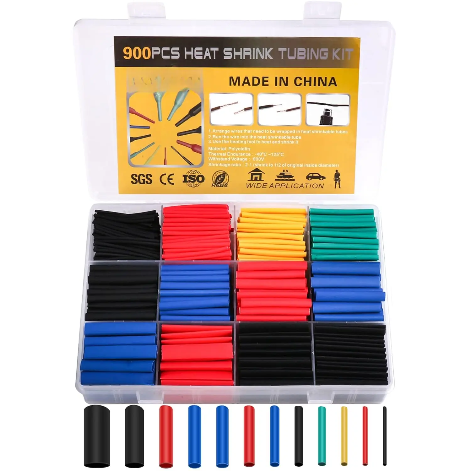 900 count Wire Heat Shrink Tubing Kit, Industrial Heat-Shrink Tubing for Wires, 2:1 Marine Grade Heat Shrink Wrap, Premium Large Electrical  Heat Shrink Tape,12 Sizes 6Colored Assorted,