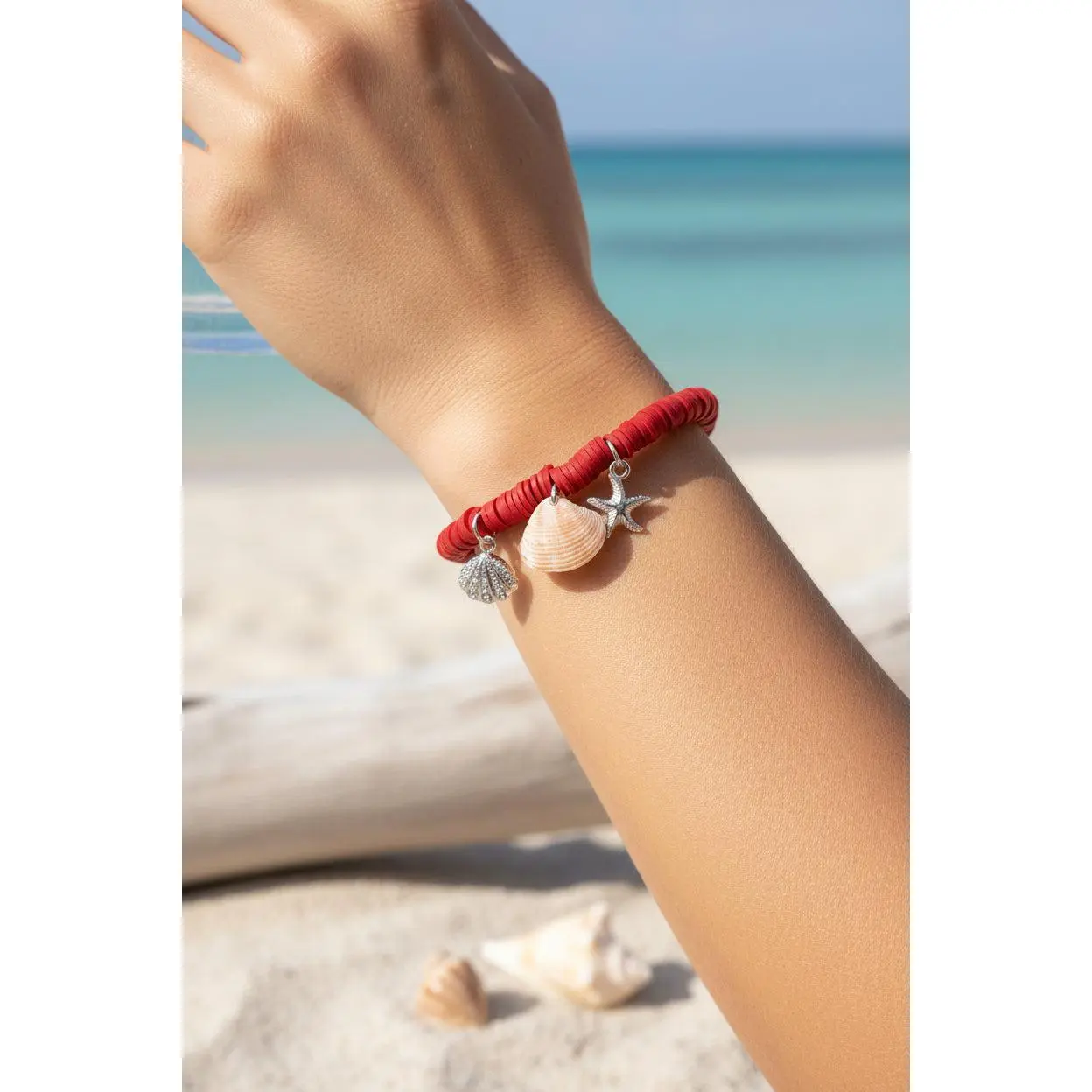 Unisex Fit Stretchy Bead Red Tide Shell Charm Clay Bead Bracelet, Waterproof, 1 Size, Beach Fashion Accessory, One Size