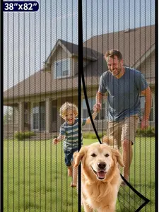 Magnetic Screen Door - 38.0 x 82.0 in Retractable Screen Door Mesh for Front Door or Sliding Door, Pet & Kid Friendly, Hands-Free Closure Keeps Bugs Out & Lets Breeze in, Stripe Black