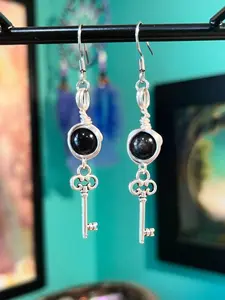 Hecate Goddess Earrings - Devotional Crystal & Charm Jewelry - Hypoallergenic Witchy Earrings with Silver Sheen Obsidian & Skeleton Key Inspired by Hecate