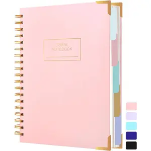 Hardcover Spiral Notebooks for Work School, B5 Journal Notebook with Tabs Dividers, Multi 5 Subject Notebook College Ruled, 240 Pages Lined Journal for Women, Pink