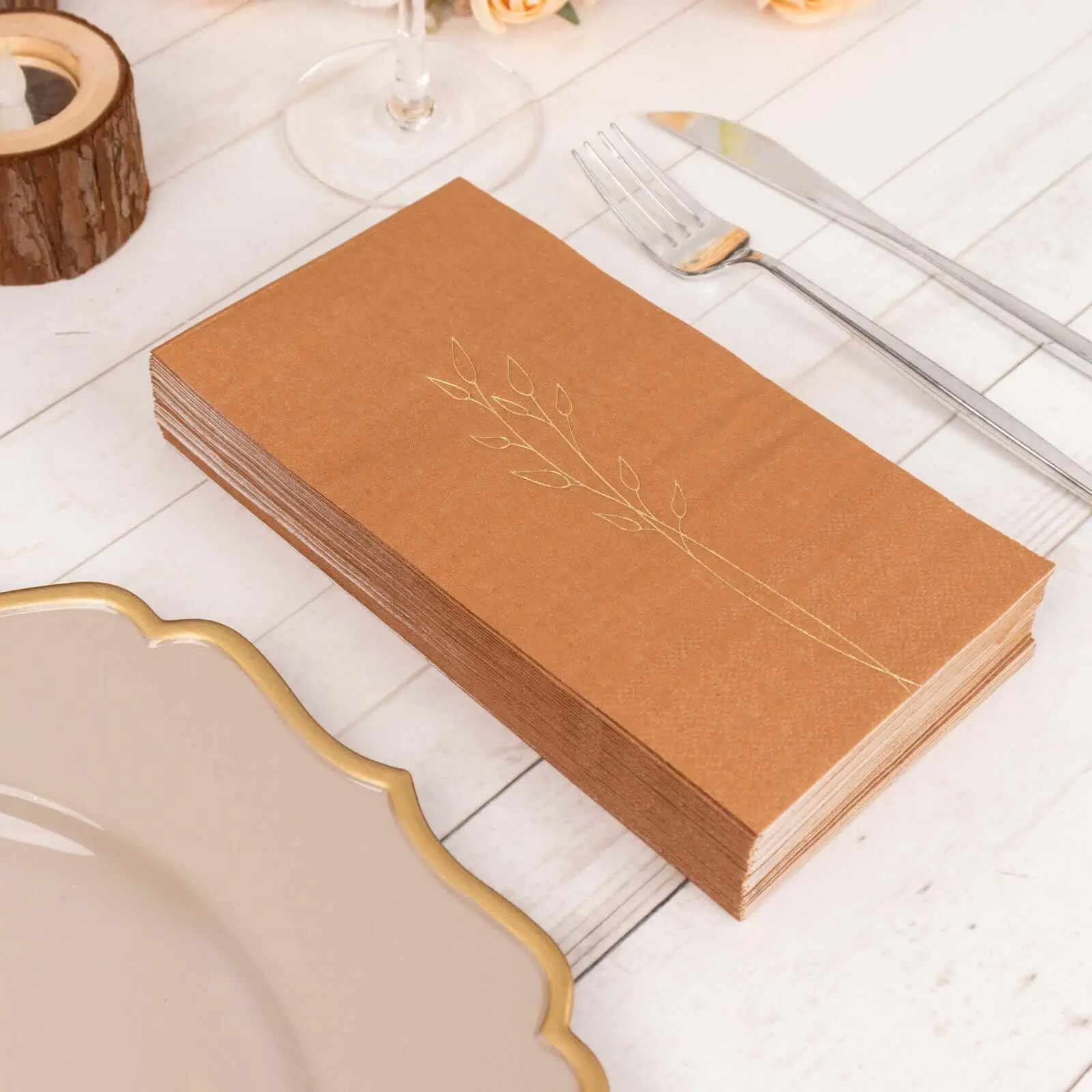 Disposable Multipack Paper Dinner Napkins - 50-Pack, 2-Ply, 18 GSM Terracotta (Rust) with Gold Embossed Leaf, Soft Tableware for Wedding, Holiday, Dining Room Use, Disposable Napkins, Multipack Napkins