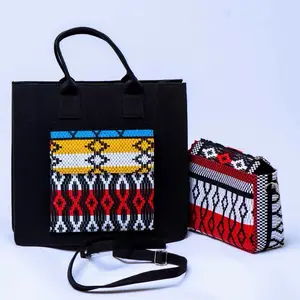 Akwete Hand Woven Tote Bag with Matching Purse and Adjustable Strap - Black and Red Design