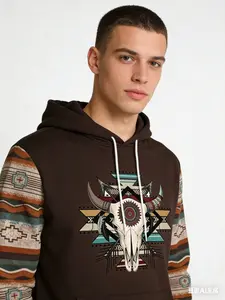 A men's sporty and casual hoodie with a Western-style bull head pattern print Casual Sports Hoodie