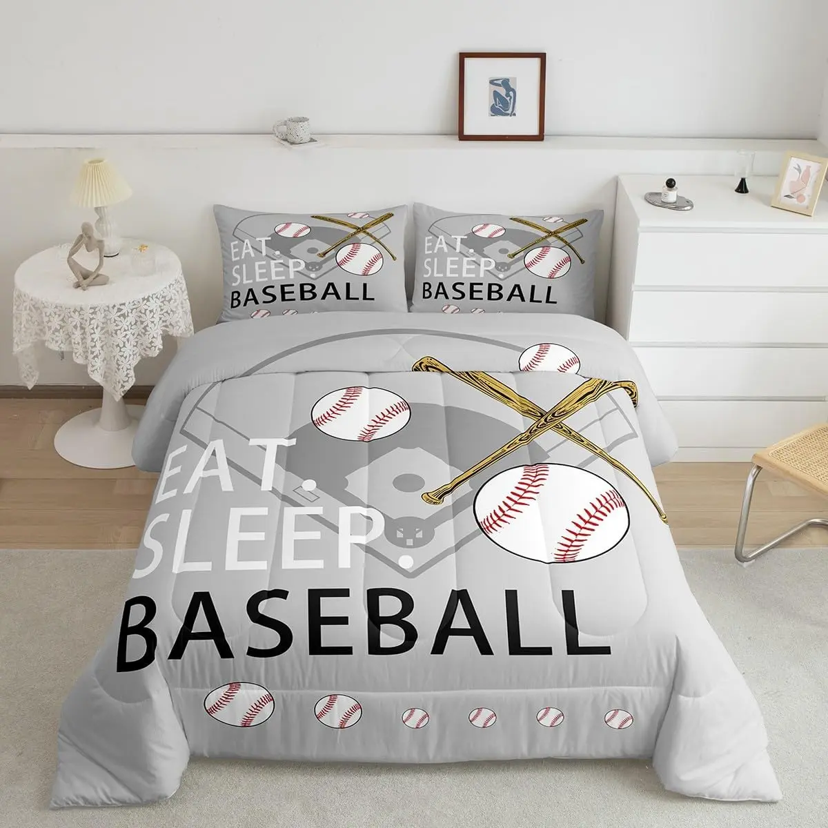 Feelyou Baseball Designer Microfiber Comforter Set - Grey Luxury Ultra-Soft Bedding Set, Quilt for Baseball Lovers, Softball Bedroom Home Decor Gift, Microfiber Bedding Set
