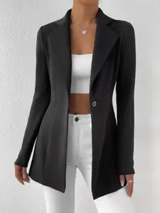 Women's Waist-Cropped Long Sleeve One-Button Suit Jacket, Fitted Solid Pattern, Regular Length, All Seasons, Elegant Business Outerwear