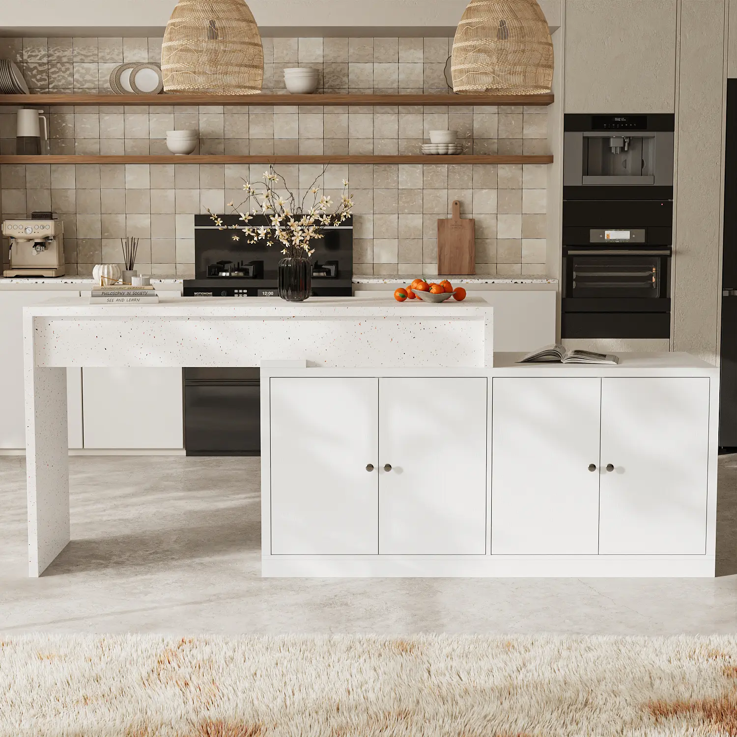 Homsee Extendable Kitchen Island with Painted Stone Countertop - Adjustable Freestanding Storage Cabinet, Modern Sideboard Buffet, 60.4" W Stationary Table for Dining Room Pots & Pans Organization, White