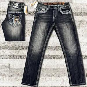 Y2K Black Straight-Leg Jeans for Men, Rock Revival Style, Oversized R Back Pockets, Heavy Stitch Denim.