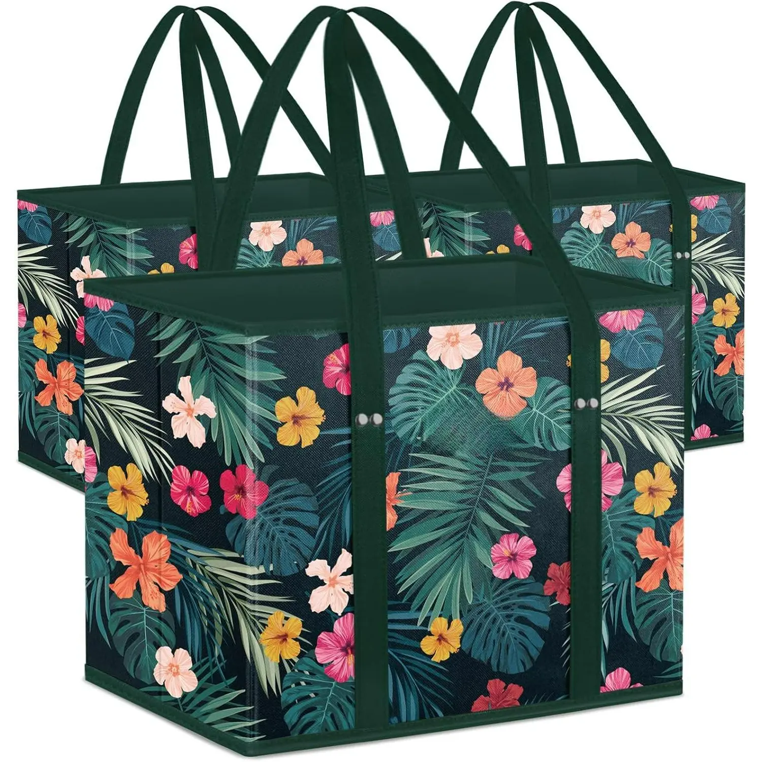 3-Pack Large Size Reusable Grocery Bags, Foldable Shopping Bags with Reinforced Bottom & Handles (Blossom Season), Three-Pack