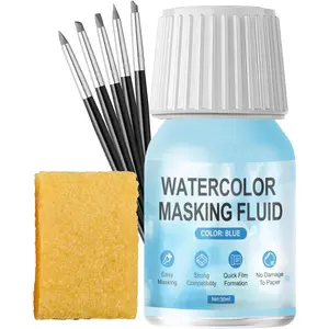 Masking Fluid for Watercolor Painting, Liquid Masking Tape with Silicone Pens Cleaning Brush, Fast Drying Easy Peel for Art Watercolor Retouching Covering, 30ml Blue