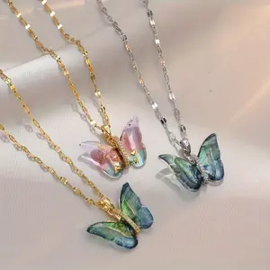 [Color Changing Necklace] Cubic Zirconia Butterfly Women's Necklace - Titanium Steel Gradually Changing Color Pendant