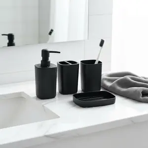 Complete Bathroom Accessories Set, 4-Piece Includes Soap Dispenser & Toothbrush Holders, Essential Qtip Organizer, Modern Design, Bathroom Sets
