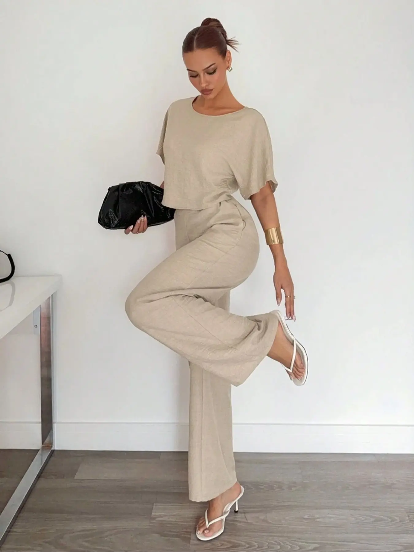 Women's Short Sleeve T-Shirt & Wide-Leg Pants Set, Suit, Woven Casual Aesthetic Loose-Fit Baggy Outfit for Spring & Fall, Comfortable Everyday Wear Apparel