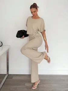 Women's Short Sleeve T-Shirt & Wide Leg Pants Set, Woven Casual Loose-Fit for Spring & Fall Seasons, Comfortable Daily Wear Apparel