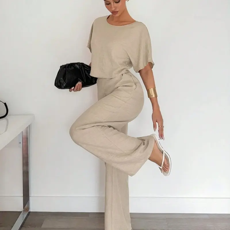 Women's Short Sleeve T-Shirt & Wide-Leg Pants Set, Suit, Casual Pantsuit, Woven Casual Aesthetic Loose-Fit Baggy Outfit for Spring & Fall, Comfortable Everyday Wear Apparel