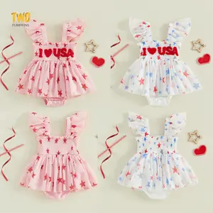 Baby Girl Patriotic Romper Dress Cute 4th of July Letters Embroidery Flying Sleeve Star Print Tulle Jumpsuits