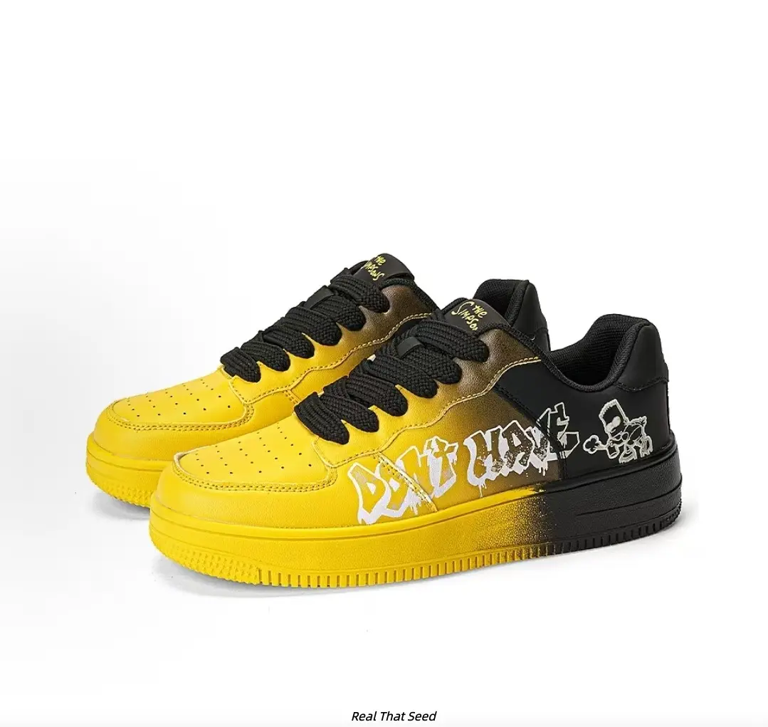 Yellow Black Gradient Matte PU Casual Low Top Skate Sneakers Unisex, Full Gradient Matching Flat Cushion Sole Shock Absorb Non-Slip Rubber Daily Walking Board Shoes
