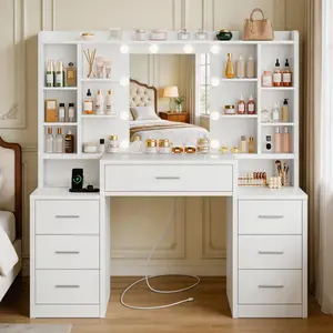 Large Morden Vanity Desk with LED Lights Mirror & Power Outlet Makeup Vanity Table with 7 Drawers and Open Shelves White Vanity for Girls Bedroom