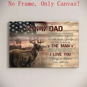 TO MY DAD Gift from son - rustic deer & american flag canvas wall art - emotional hunting theme poster for father's day & birthday (UNFRAMED)