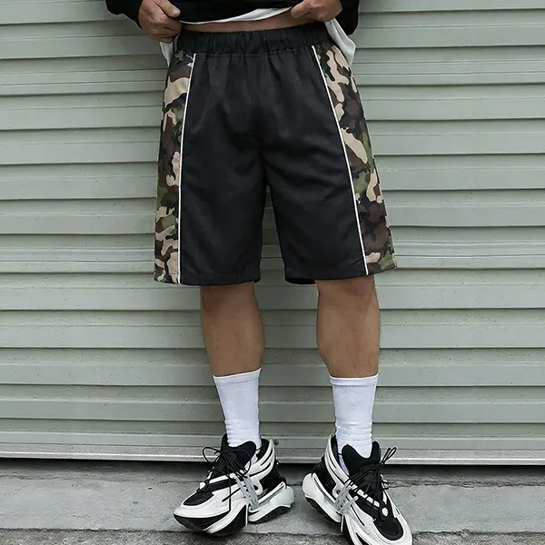 Teen Boys Camo Spliced Dual White Side Stripe Knee Length Sport Shorts, Elastic High Waist Loose Breathable Mesh Summer Streetwear Shorts For Back To School Daily Training