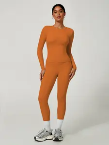 Women's Plain Long Sleeve Top & Pants Set, Comfortable Tight-Fit for Yoga Home Gym, Casual Kardashian Style Clothing, Yoga Outfit