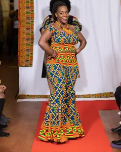 Women’s Kente Print Two-Piece Outfit – Off-Shoulder Top and Flared Pants