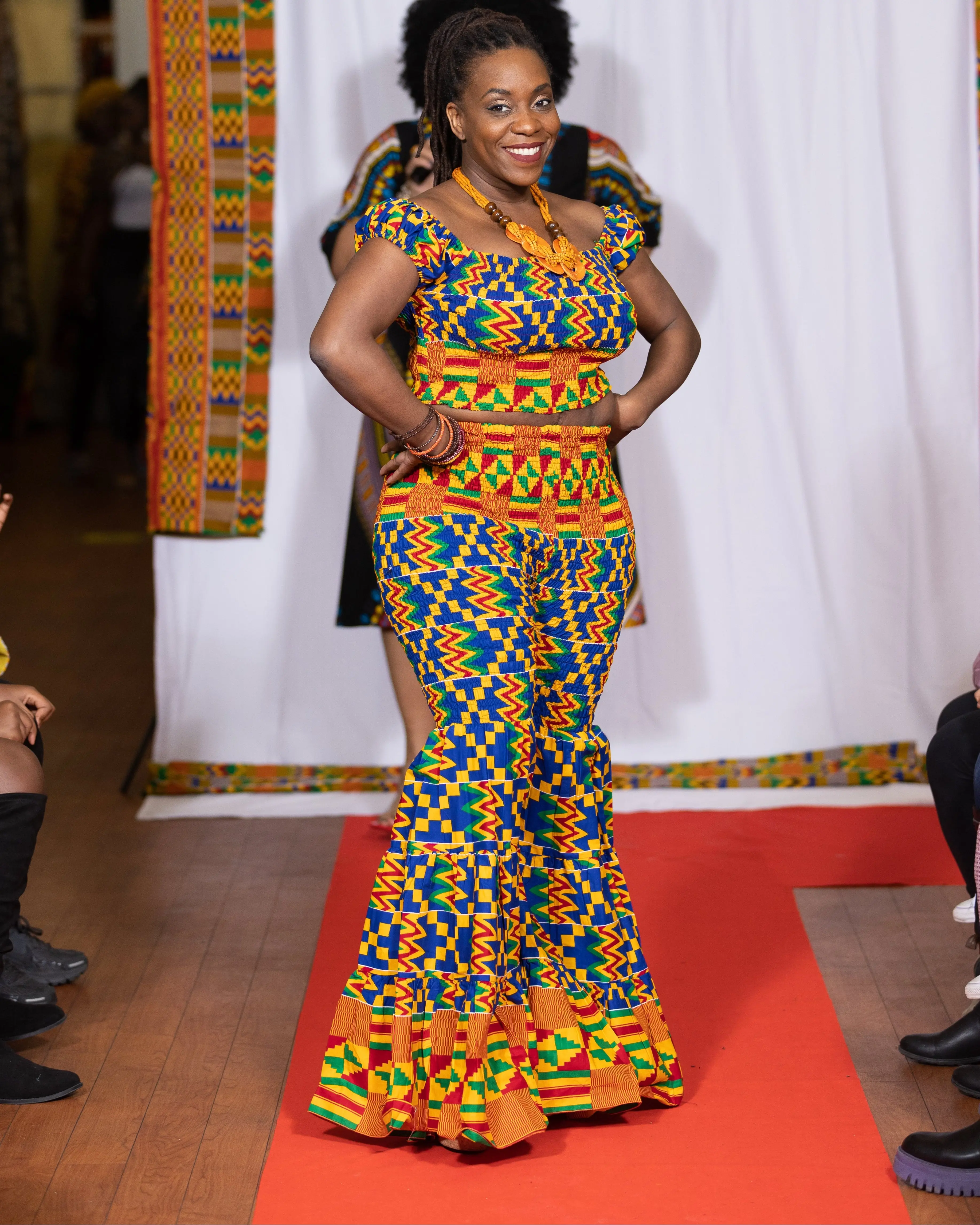 Women’s Kente Print Two-Piece Outfit – Off-Shoulder Top and Flared Pants