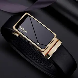 [Sliding Buckle Faux Leather Belt] Automatic Sliding Buckle Men's Genuine Faux Leather Belt - Adjustable No-Hole Trim for Perfect Fit - Elegant Business and Casual Style