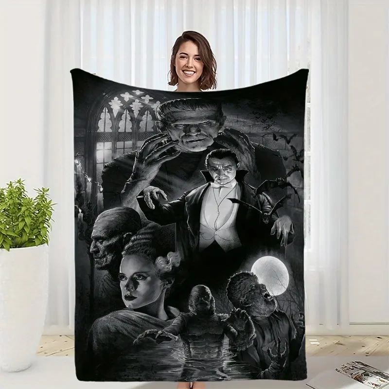Frankenstein'S Monster & Dracula Flannel Throw Blanket - Large, Plush Design with Gothic Horror Illustration, Polyester, Machine Washable, Ideal for Bed & Sofa, All-Season Use, Perfect for Travel, Camping & Naps, Unique Birthday Gift, Halloween Decor