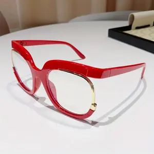Round Large Frame Exaggerated Unisex Fashion Glasses with Anti-Blue Light PC Lenses Bold Red and Golden 1 Pair for Party Hip-Hop Accessories with Case