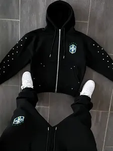 Autumn Winter New Shield Print Zipper Hoodie + Sport Pants Set, Rivet Design, Fashion Drawstring, Unisex, Streetwear Tracksuit Set