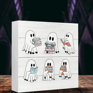 Ghost Reading Book Pattern Desktop Ornament, 1 Count Square Shape Foam PVC Desktop Ornament, Tabletop Desk Home Office Decor, Halloween