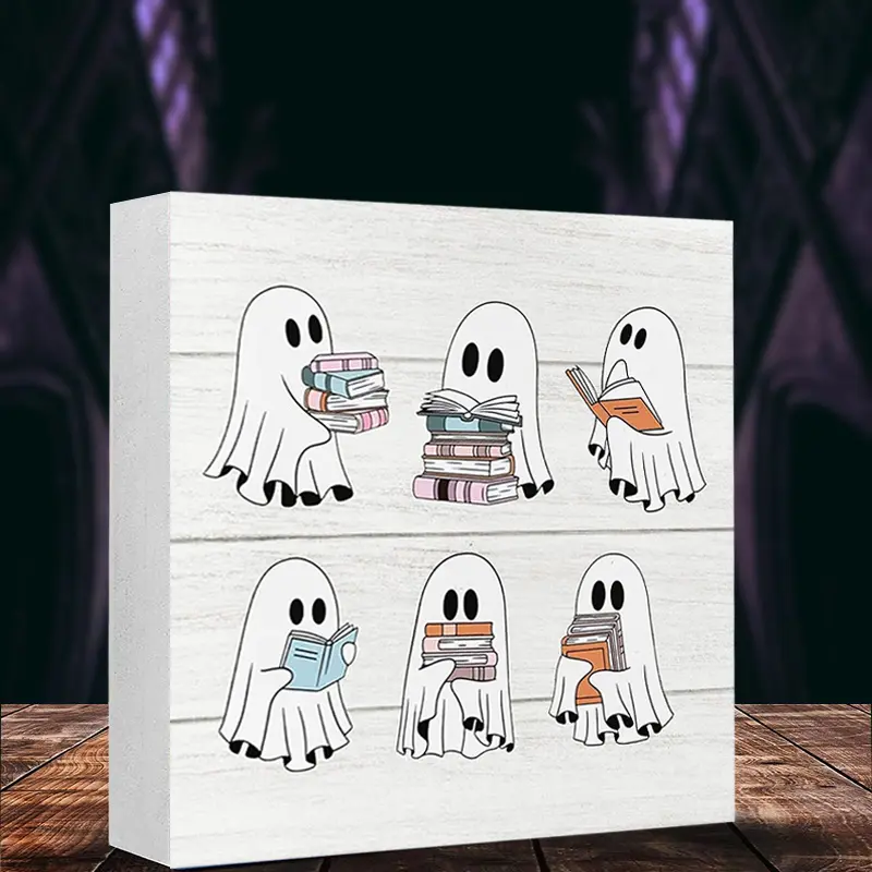 Ghost Reading Book Pattern Desktop Ornament, 1 Count Square Shape Foam PVC Desktop Ornament, Tabletop Desk Home Office Decor, Halloween
