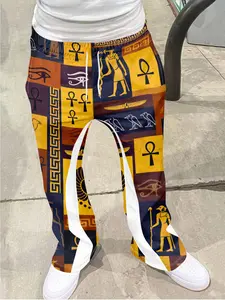 Vintage Men's Loose Bell Bottom Pants, Drawstring Sportswear Long Pants, 3D Soft Breathable Fabric, Casual Daily Wear Fashion Item, Activewear
